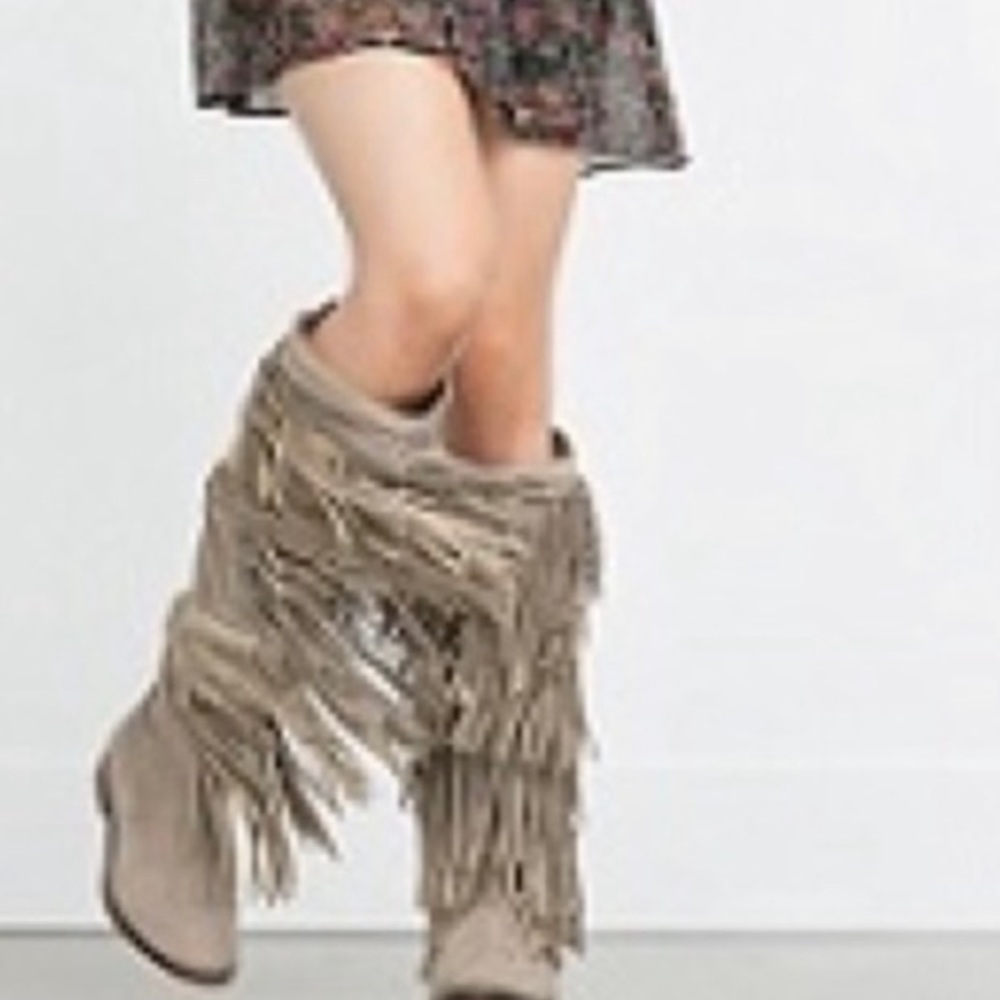 New Zara Moccasins Knee High Fringe Boots Leather